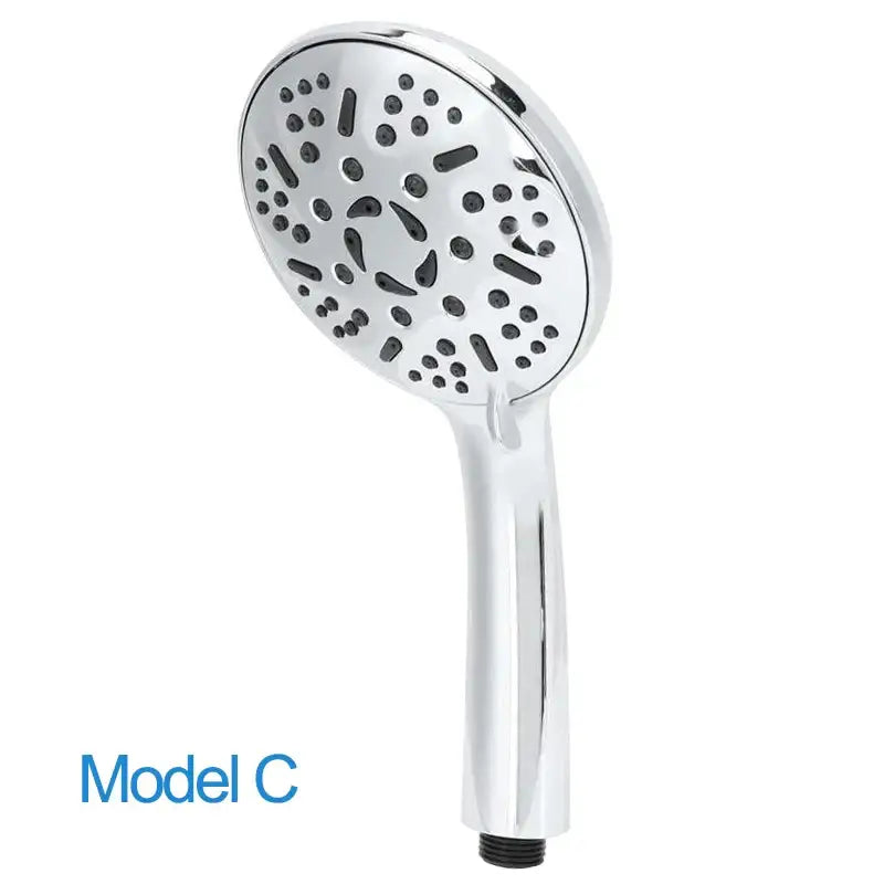 Chrome finished handheld shower head with circular face black tipped nozzles and cylindrical handle decorbites 9-function model