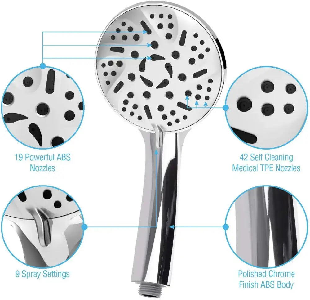 Chrome finished DecorBites™ handheld shower head with 19 ABS nozzles and 42 self-cleaning tpe nozzles for versatile spray settings