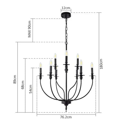 Black wrought iron decorbites™ 9-head retro industrial chandelier light with nine candle-style bulbs in industrial chandelier design