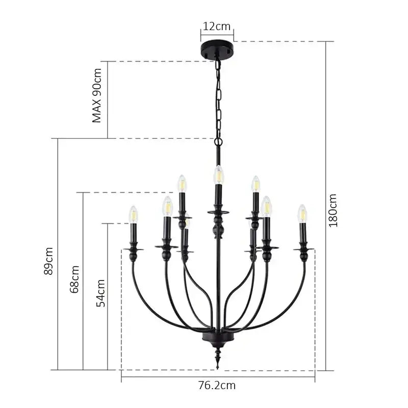Black wrought iron decorbites™ 9-head retro industrial chandelier light with nine candle-style bulbs in industrial chandelier design