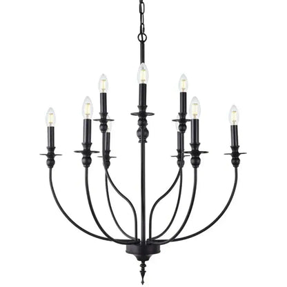 Black wrought iron decorbites™ 9-head retro industrial chandelier light with nine candle-style bulbs pendant lamp