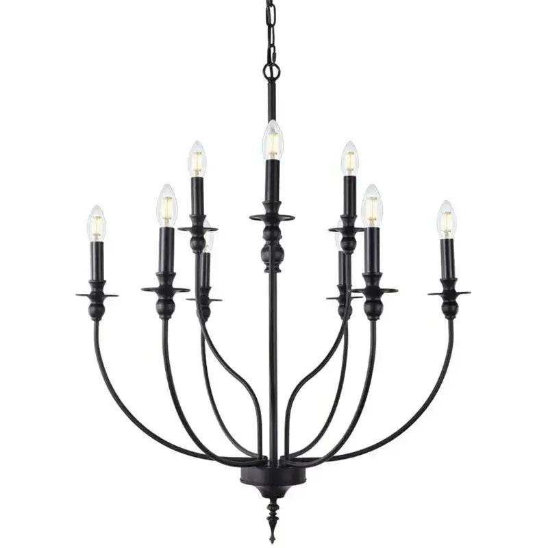 Black wrought iron decorbites™ 9-head retro industrial chandelier light with nine candle-style bulbs pendant lamp