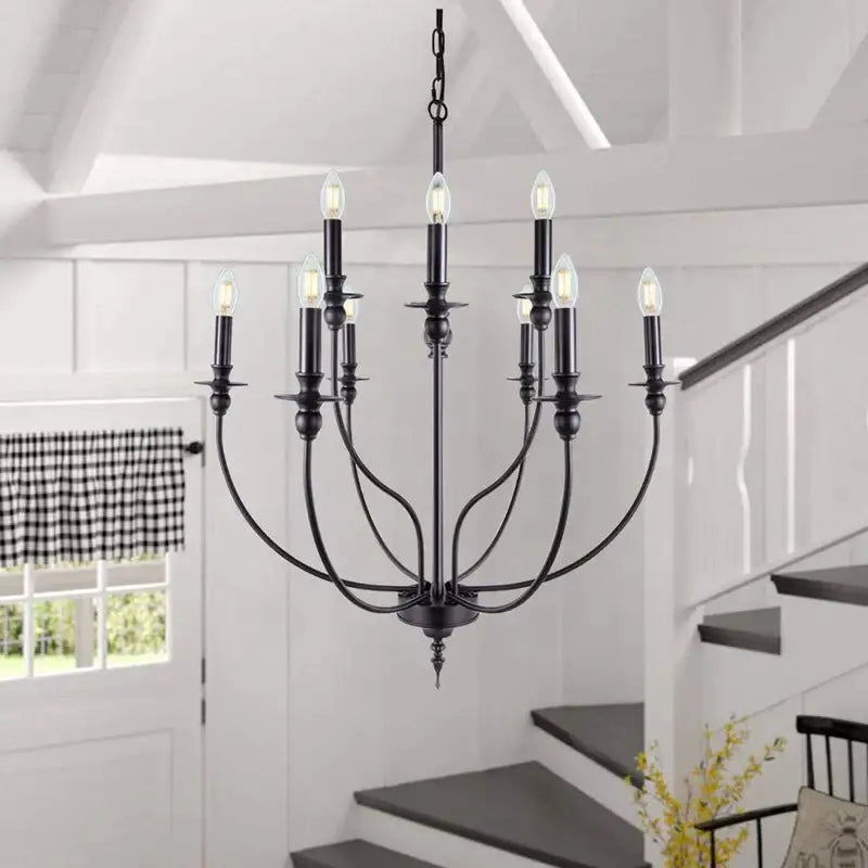 Black wrought iron DecorBites™ 9-head retro industrial chandelier with nine E14 candle-style bulbs pendant lamp