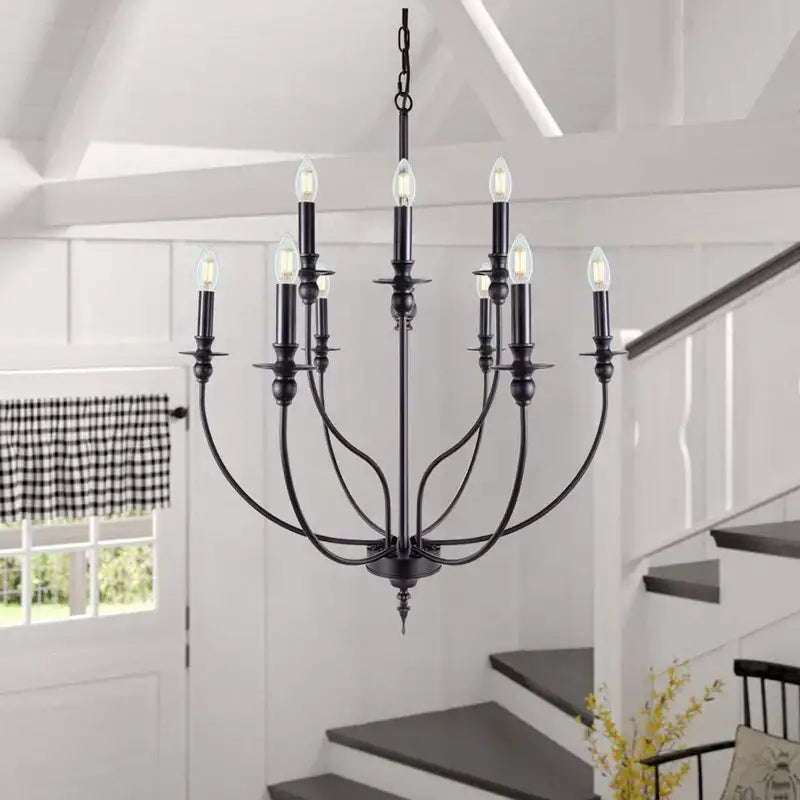 Black wrought iron retro industrial chandelier with nine e14 candle-style bulbs by decorbites