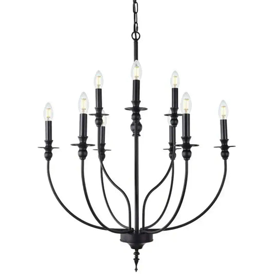 Black wrought iron decorbites™ 9-head retro industrial chandelier with nine e14 candle-style bulbs and metal frame
