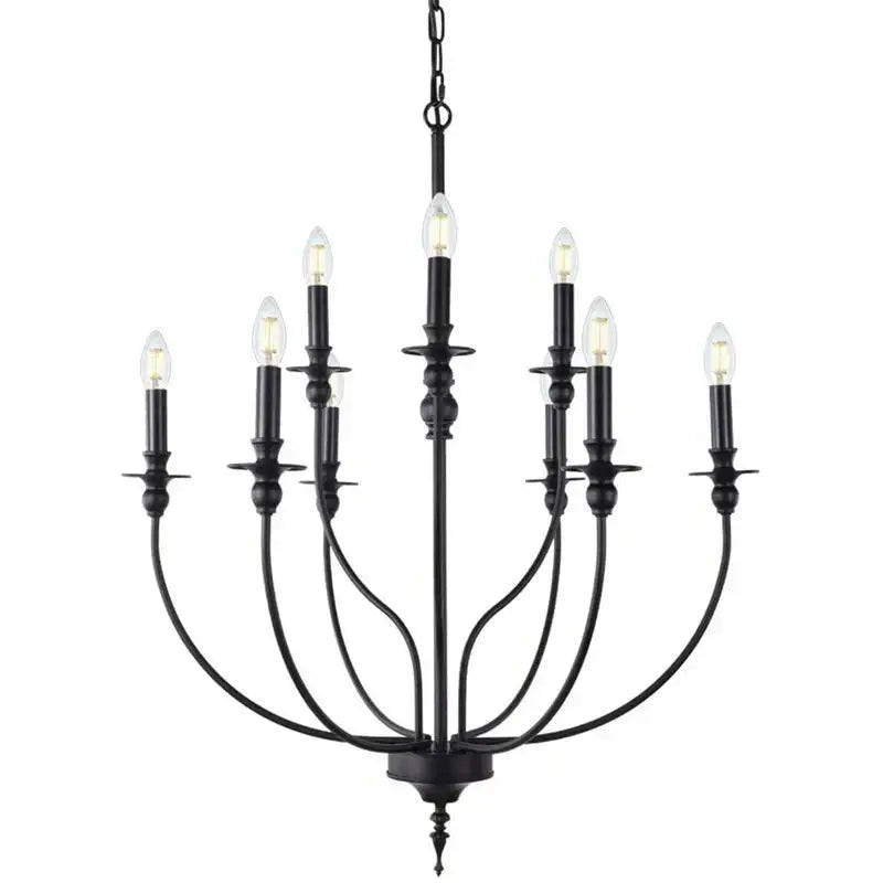 Black wrought iron decorbites™ 9-head retro industrial chandelier with nine e14 candle-style bulbs and metal frame