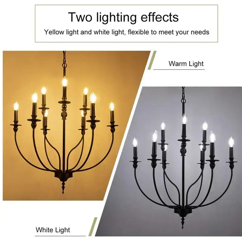Black wrought iron DecorBites™ 9-head retro industrial chandelier with E14 candle lights offering warm white lighting