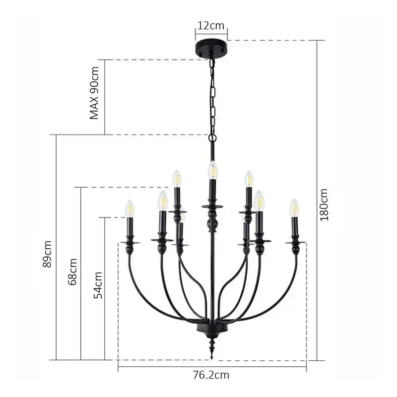 Black wrought iron retro industrial chandelier with nine e14 candle lights for vintage interior decor