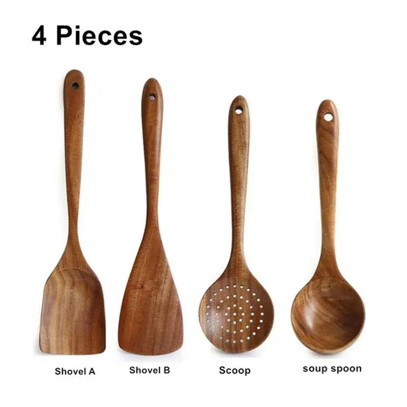 Set of four teak wooden cooking utensils including two shovels slotted scoop and soup spoon from decorbites cooking utensils set