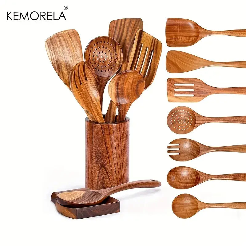 Decorbites 9-piece wooden cooking utensils set in teak with warm brown tones includes holder and spoon rest