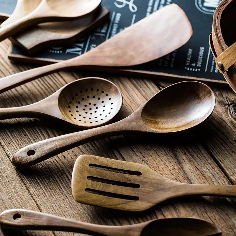 Decorbites™ 9-piece wooden cooking utensils set with holder featuring rustic teak wood and smooth handcrafted finishes