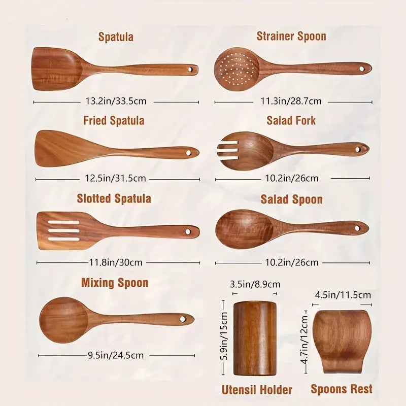 Set of beige teak wooden cooking utensils including spatulas spoons and strainer spoon from decorbites cooking utensils set