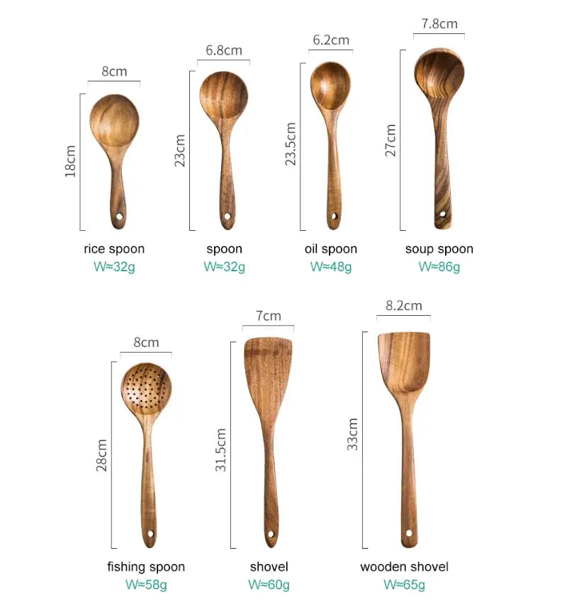 Set of eight natural teak wooden cooking utensils in varying sizes from DecorBites wooden cooking utensils set