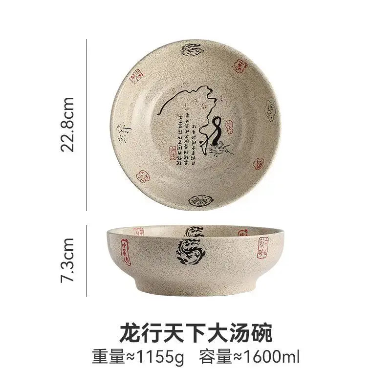 Beige speckled retro ceramic ramen noodle bowl with black and red chinese dragon motifs and calligraphy for soup