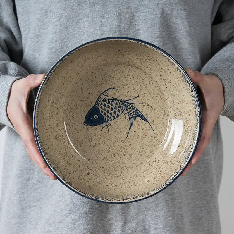 Decorbites™ 9 inch retro ceramic ramen noodle bowl with speckled beige interior and navy fish design ceramic ramen bowl