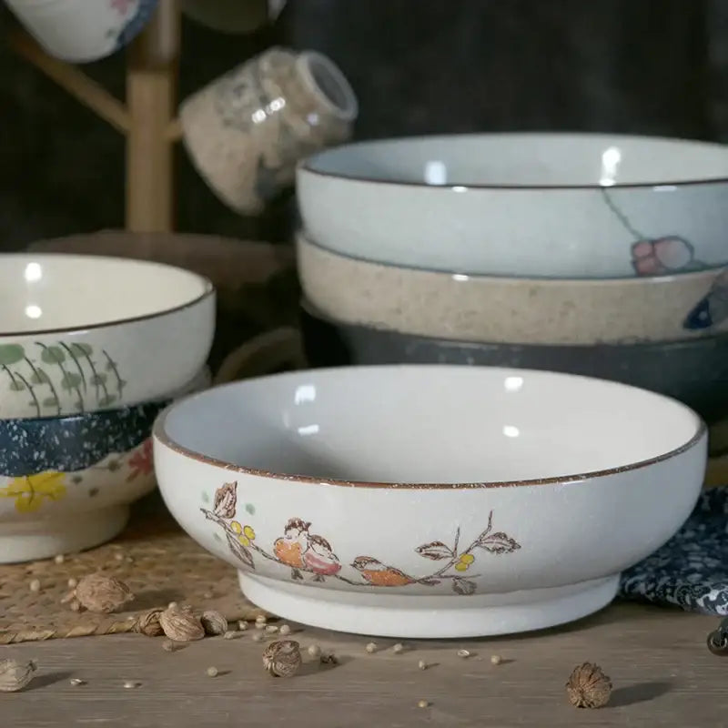 White ceramic retro ceramic ramen bowl with hand-painted orange brown birds and floral details for Japanese soup