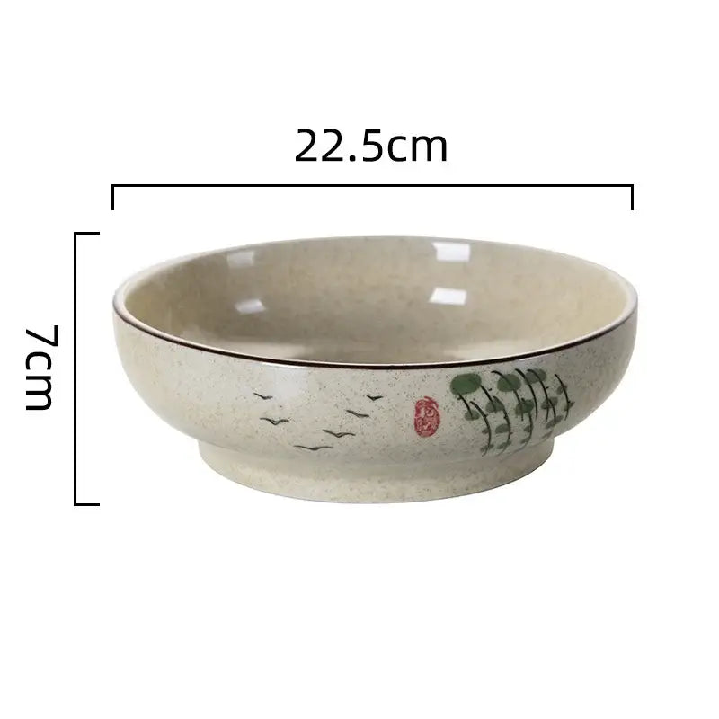 Beige retro ceramic ramen noodle bowl with hand-painted green foliage black birds and red seal mark for soup use