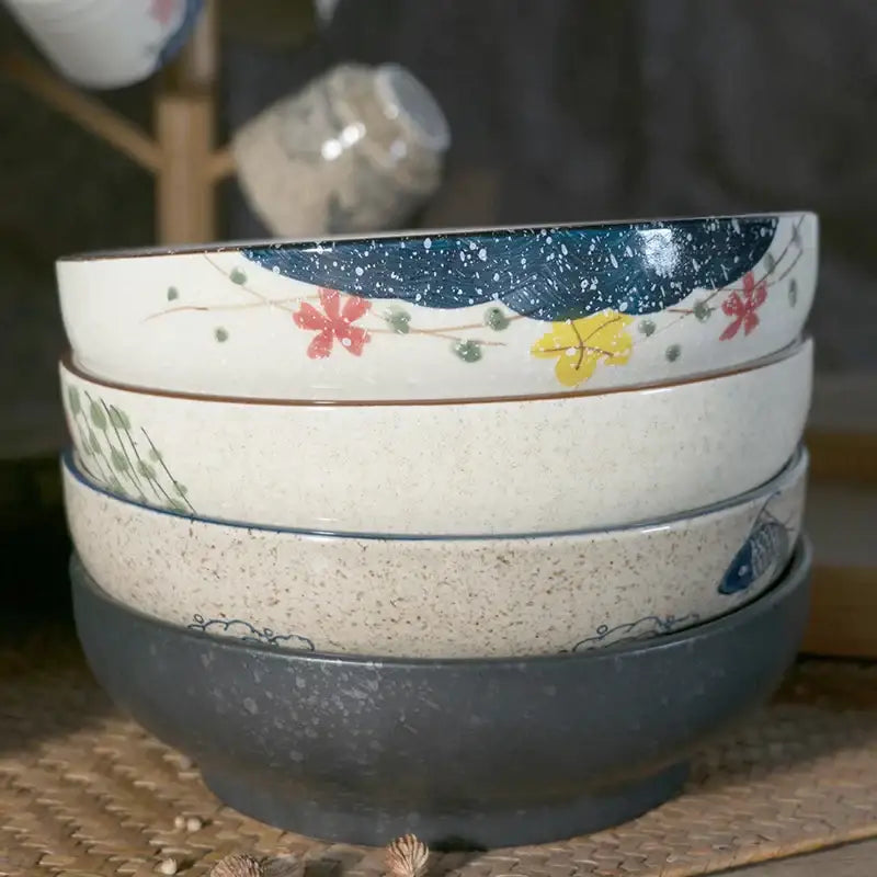 Stacked decorbites™ 9 inch retro ceramic ramen noodle bowls with hand-painted floral motifs and speckled glaze accents