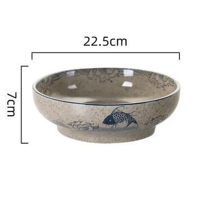 Beige ceramic ramen noodle bowl with blue fish and wave pattern 22.5cm wide 7cm deep retro ceramic ramen soup bowl