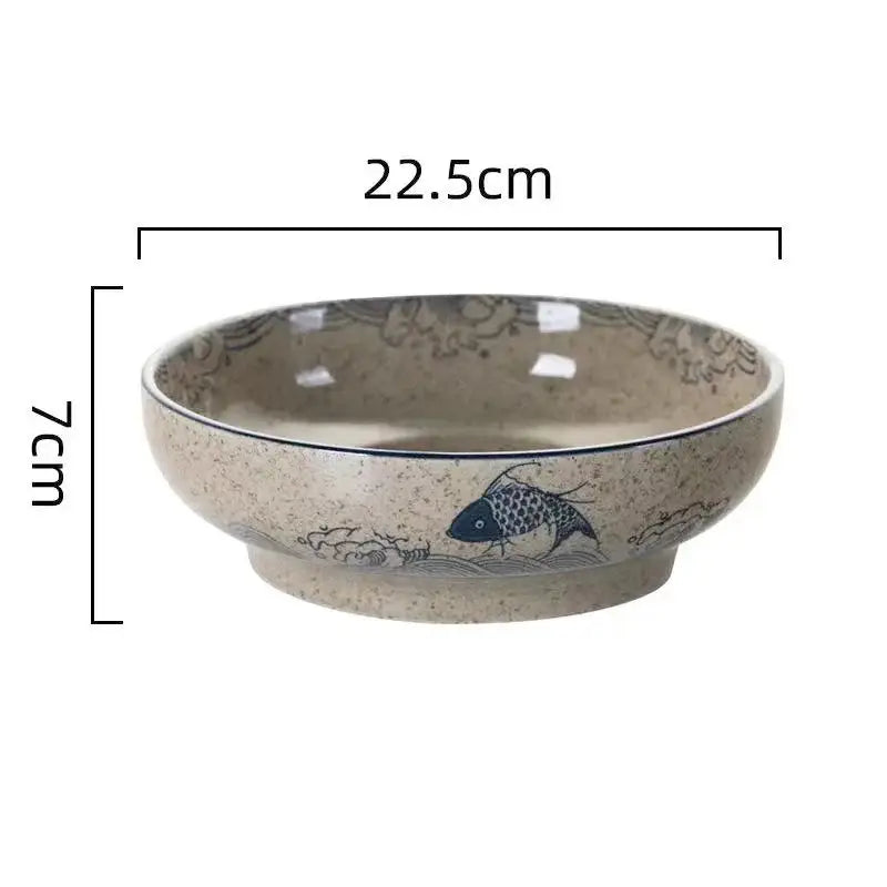 Beige ceramic ramen noodle bowl with blue fish and wave pattern 22.5cm wide 7cm deep retro ceramic ramen soup bowl