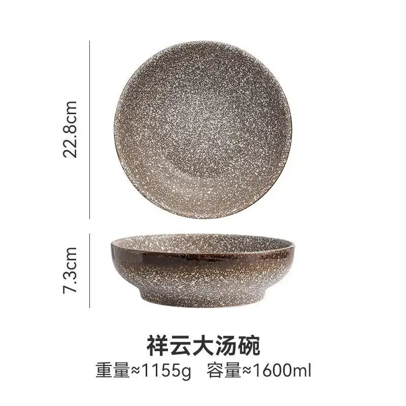 A speckled gray retro ceramic ramen noodle bowl with a textured surface and flared rim for Japanese style soup