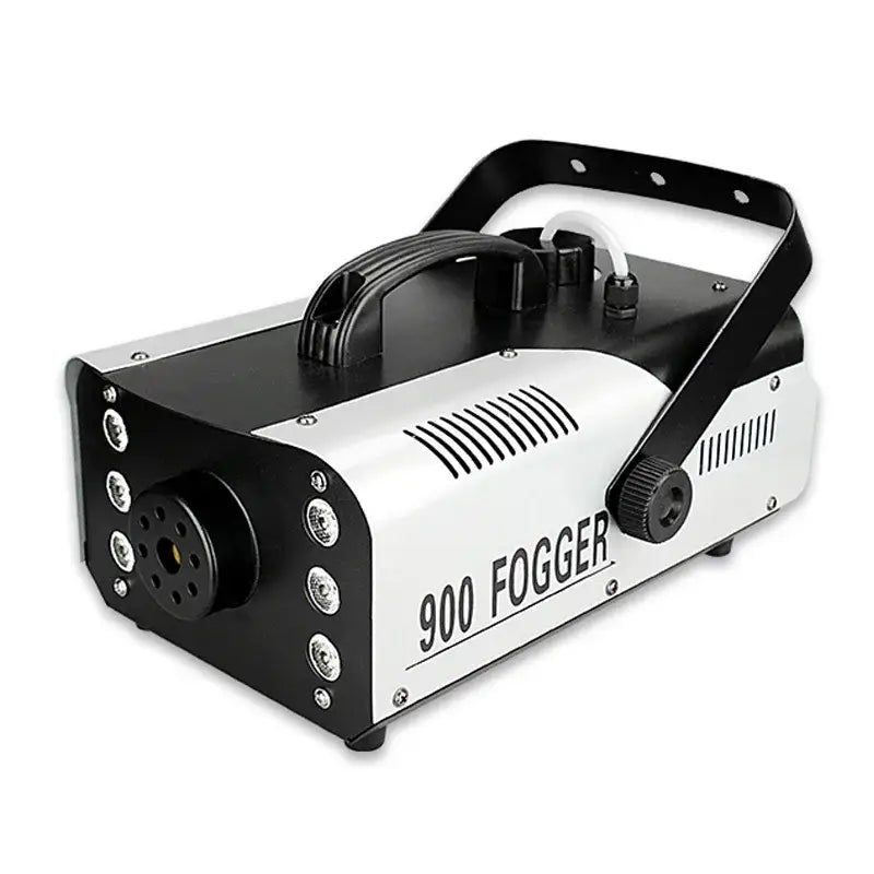 Black and white DecorBites 900w fog machine with sturdy handle ventilation slits and control knobs for parties and weddings