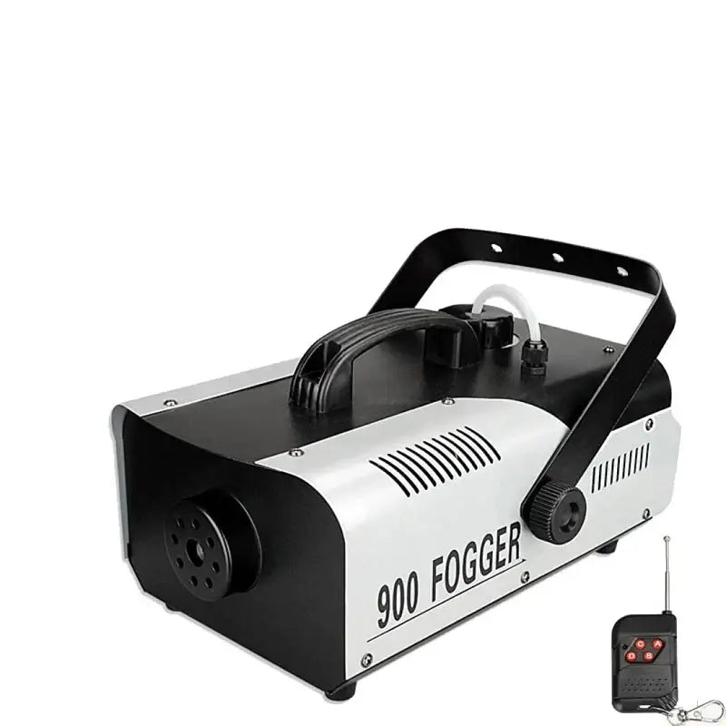 Black and silver DecorBites 900W fogger with handle, control knob, and ventilation slits featuring wireless remote control