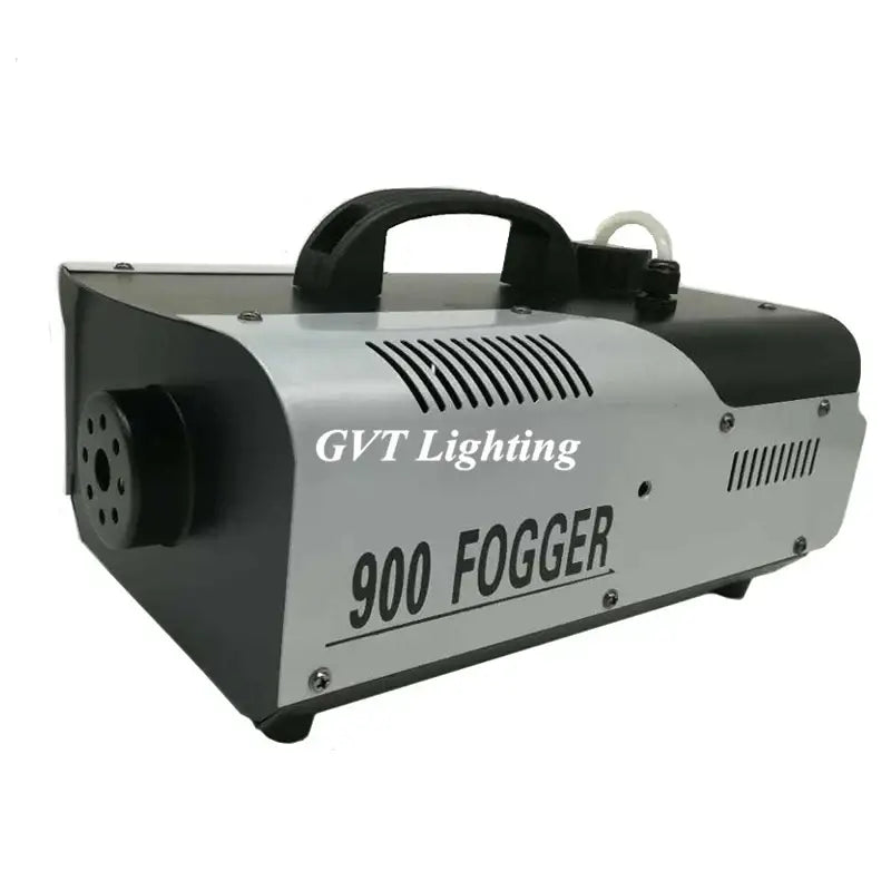 Silver and black gvt lighting 900 fogger with handle and ventilation slits featuring wireless remote control for stage use