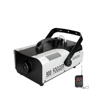 Black and silver DecorBites 900w fogger with handle, ventilation, control knobs, and wireless remote control for stage use