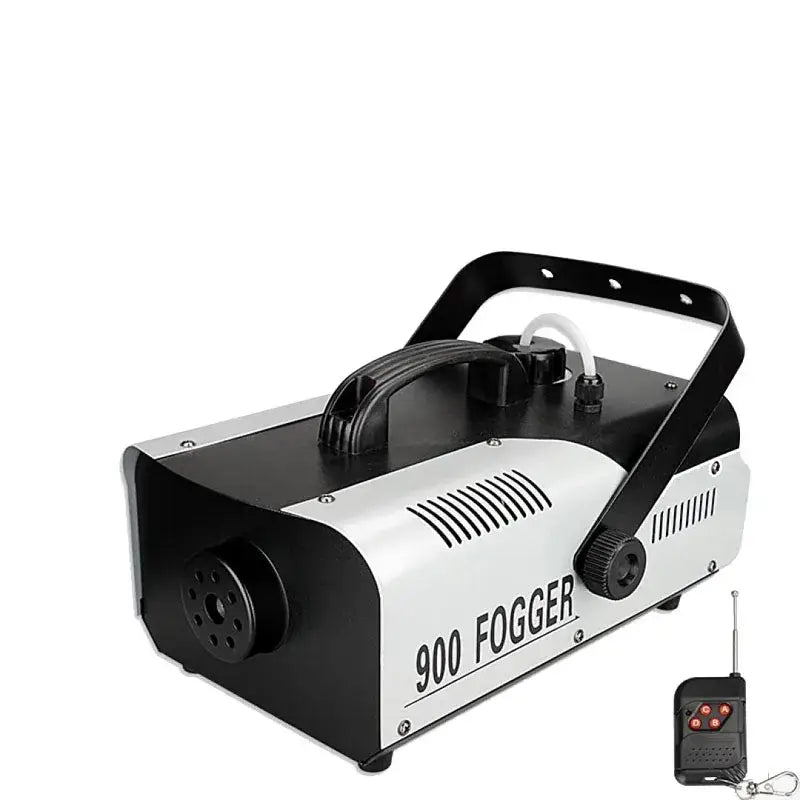 Black and silver DecorBites 900w fogger with handle, ventilation, control knobs, and wireless remote control for stage use