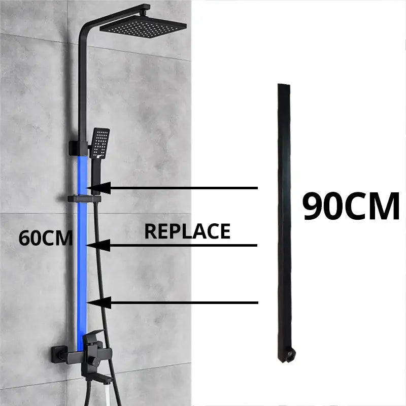 Black matte shower system with square rainhead and 90cm tube-bar extend pipe featuring integrated blue led light tube