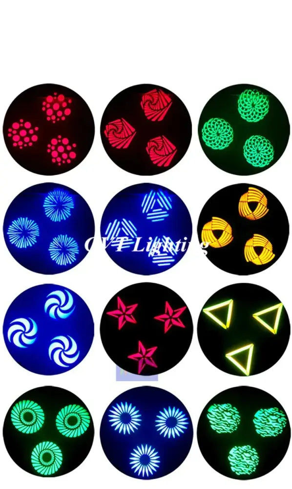 Decorbites 90w led spot moving head light displaying vibrant red green blue yellow and white patterns on black background