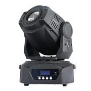 Black led moving head spotlight with sleek angular design and control panel featuring buttons and digital display