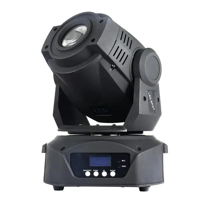 Black led moving head spotlight with sleek angular design and control panel featuring buttons and digital display