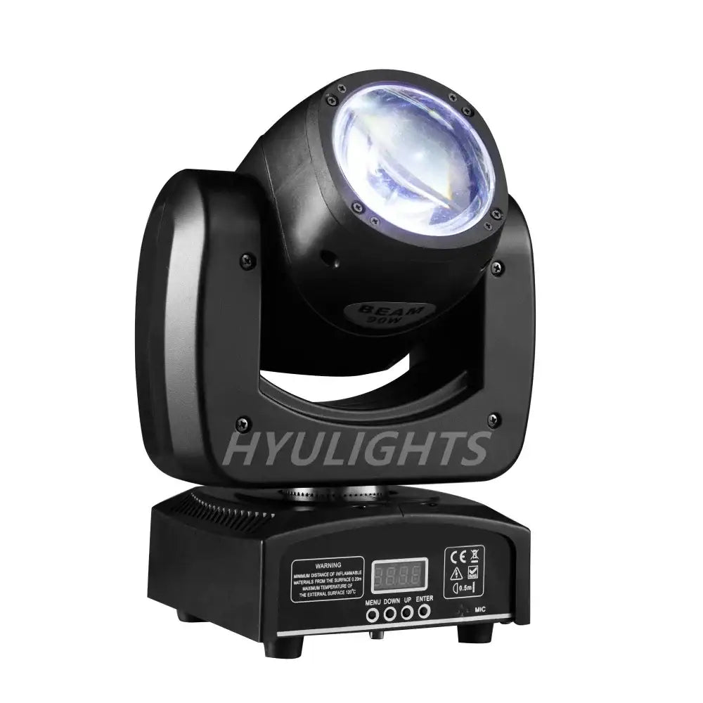 Black beam 30w moving head light with sleek angular design and clear lens emitting blue light for dj use