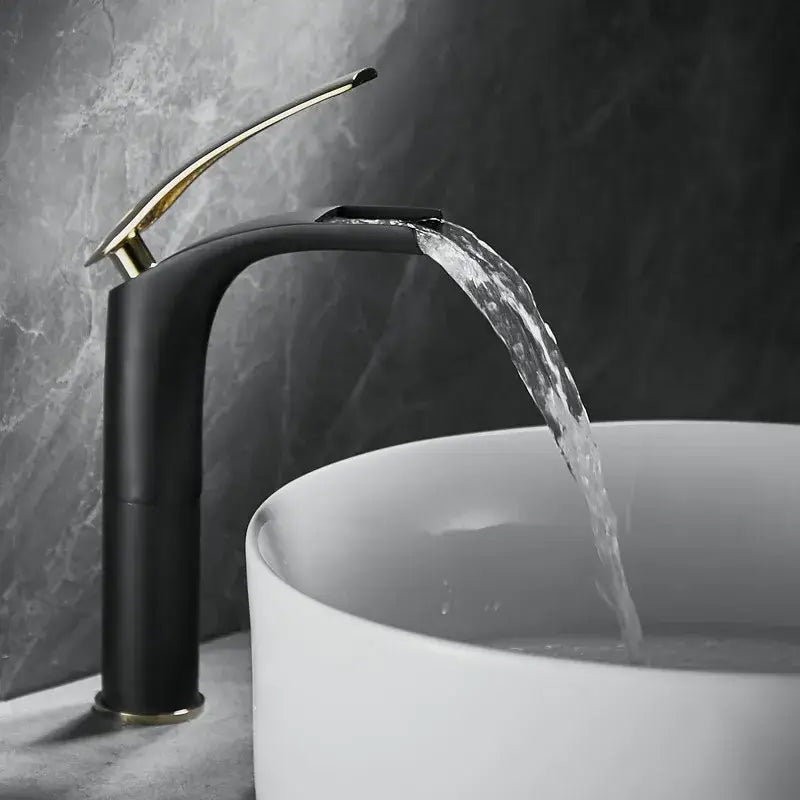 Black matte faucet with sleek design and gold accents shown alongside stainless steel gold dustbin DecorBites™ 9L