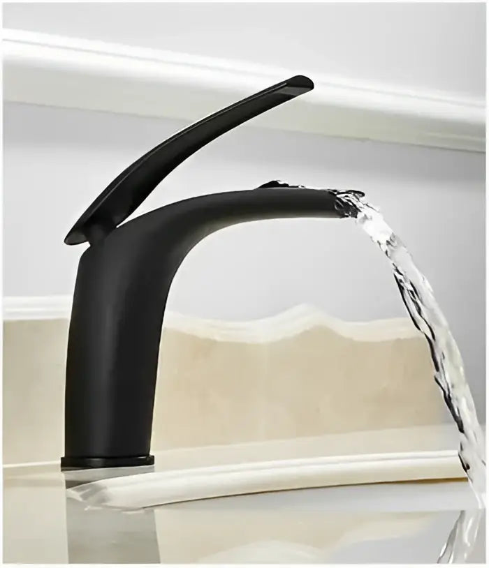Black matte-finish waterfall faucet with sleek modern design complementing decorbites 9l stainless steel gold dustbin