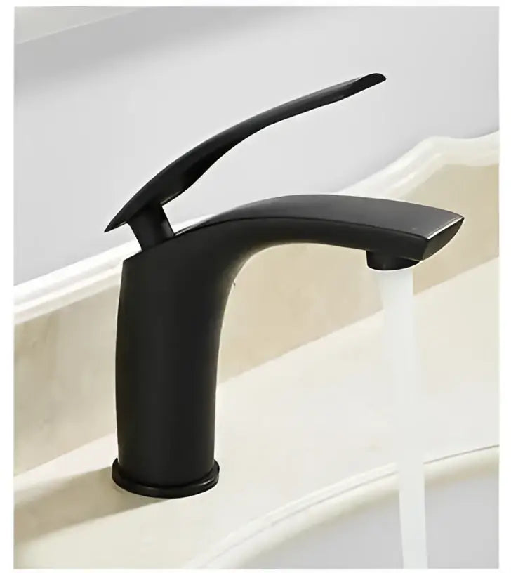 Black matte-finish modern faucet with sleek curved design next to DecorBites™ 9L stainless steel gold dustbin