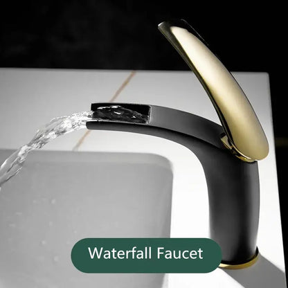 Black and gold stainless steel waterfall faucet featured with decorbites™ 9l stainless steel gold dustbin background