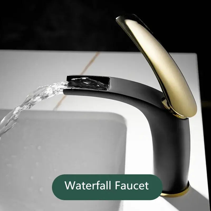 Black and gold stainless steel waterfall faucet featured with decorbites™ 9l stainless steel gold dustbin background