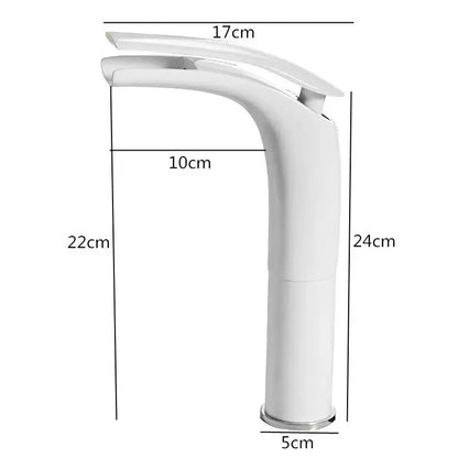 White modern waterfall faucet with sleek curved design and chrome accents paired with decorbites™ 9L stainless steel gold dustbin