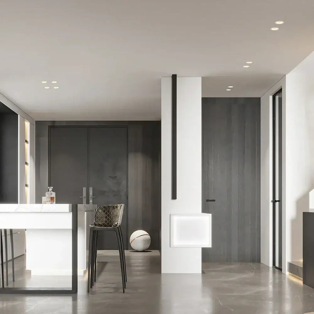 Minimalist white bar stool with black metal legs and woven mesh seat next to DecorBites™ led recessed downlight