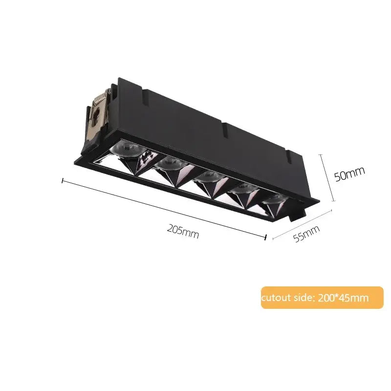 Black rectangular recessed spot light fixture with five triangular lenses decorbites 9w 15w cri97 flicker-free downlight