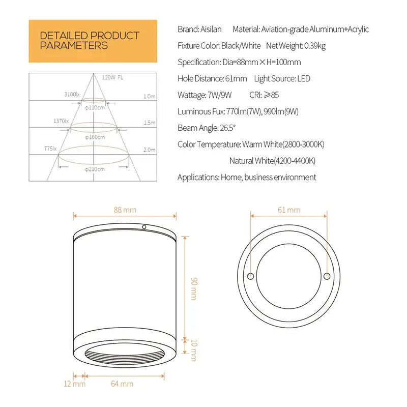 Black and white cylindrical led downlight made of aviation-grade aluminum and acrylic with cri97 anti-glare led by decorbites 9w cri97