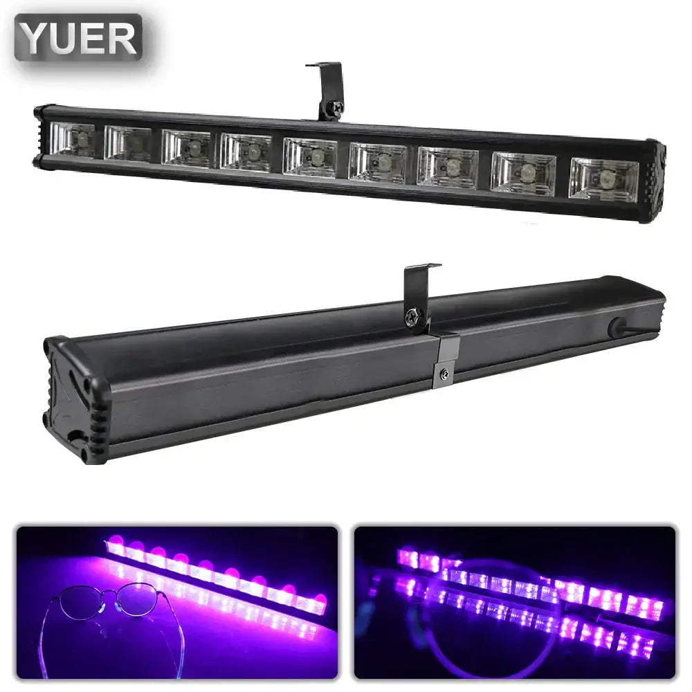 Black yuer led disco party bar lights with seven clear-lensed bulbs emitting vibrant purple glow in aluminum housing