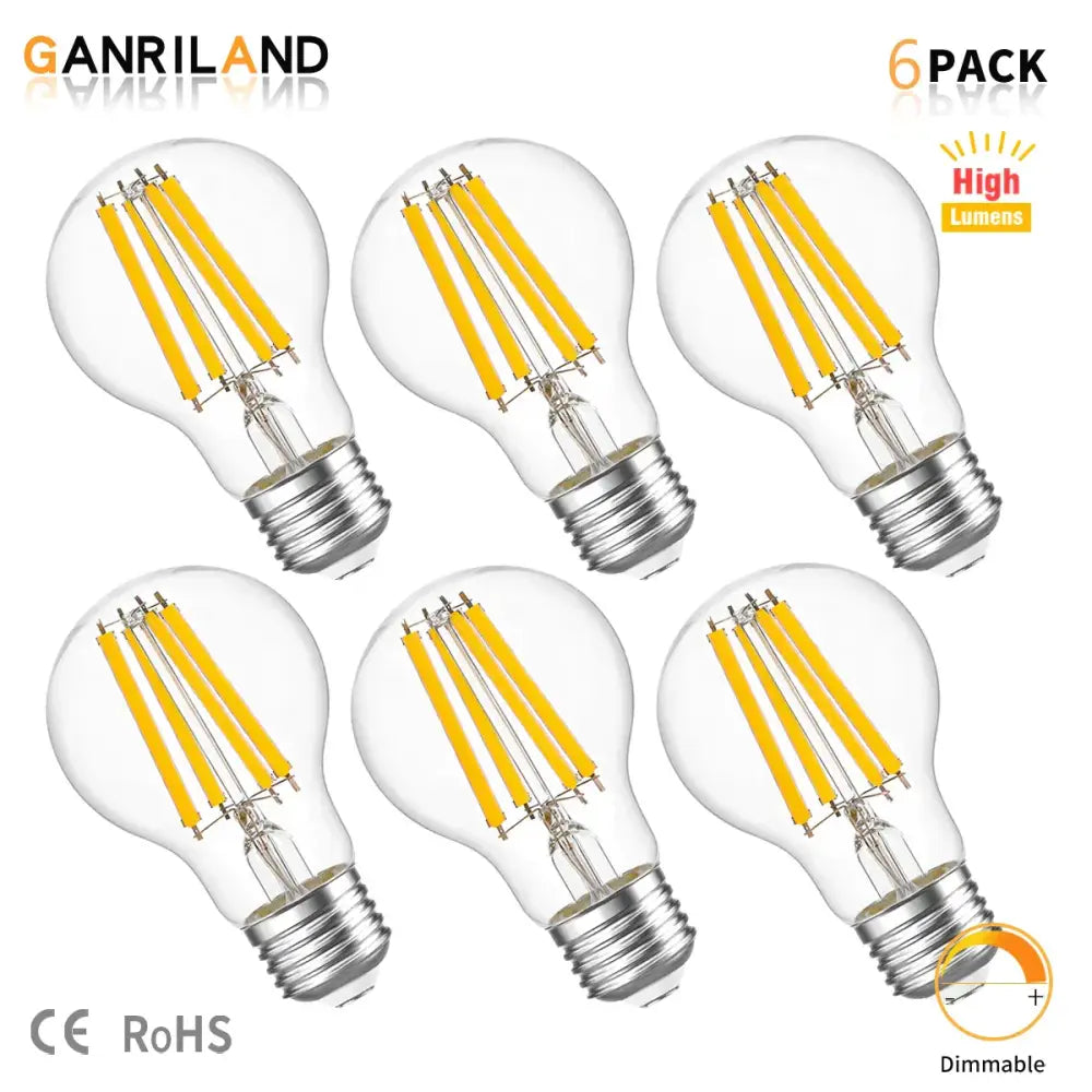 Clear glass decorbites a19 led bulbs with yellow filament strands and silver bases high lumen 6-pack packaging