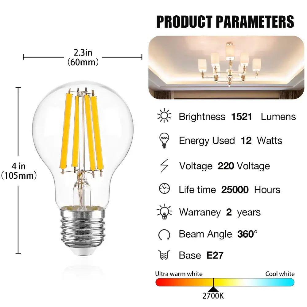 Clear glass DecorBites A19 led bulb with four yellow filaments silver base high lumen 1521lm ultra bright 2700K
