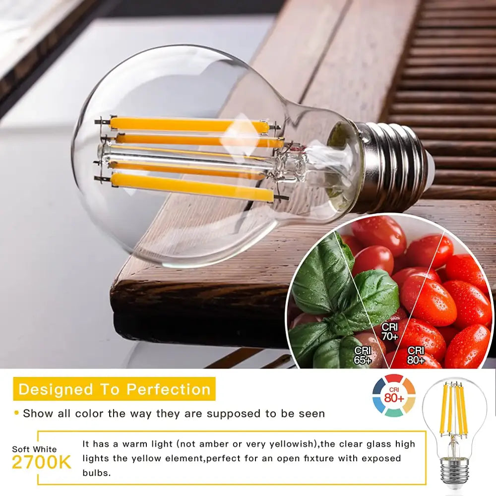 Clear glass decorbites a19 led bulbs with three yellow filaments and metallic screw base for high lumen brightness