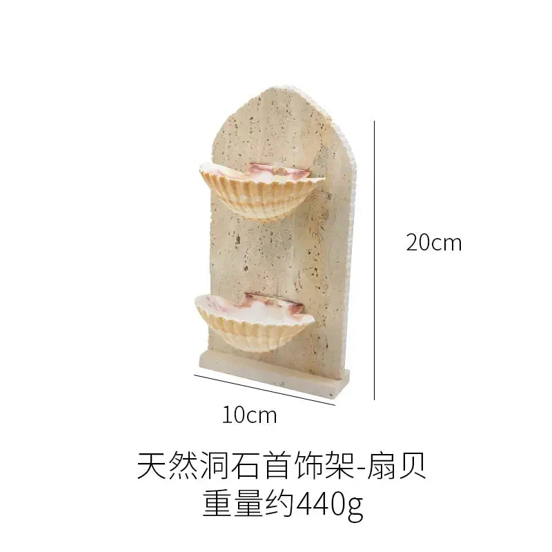 Beige stone decorbites abalone shell jewelry organizer with two natural scallop shells on arched decorative shelf