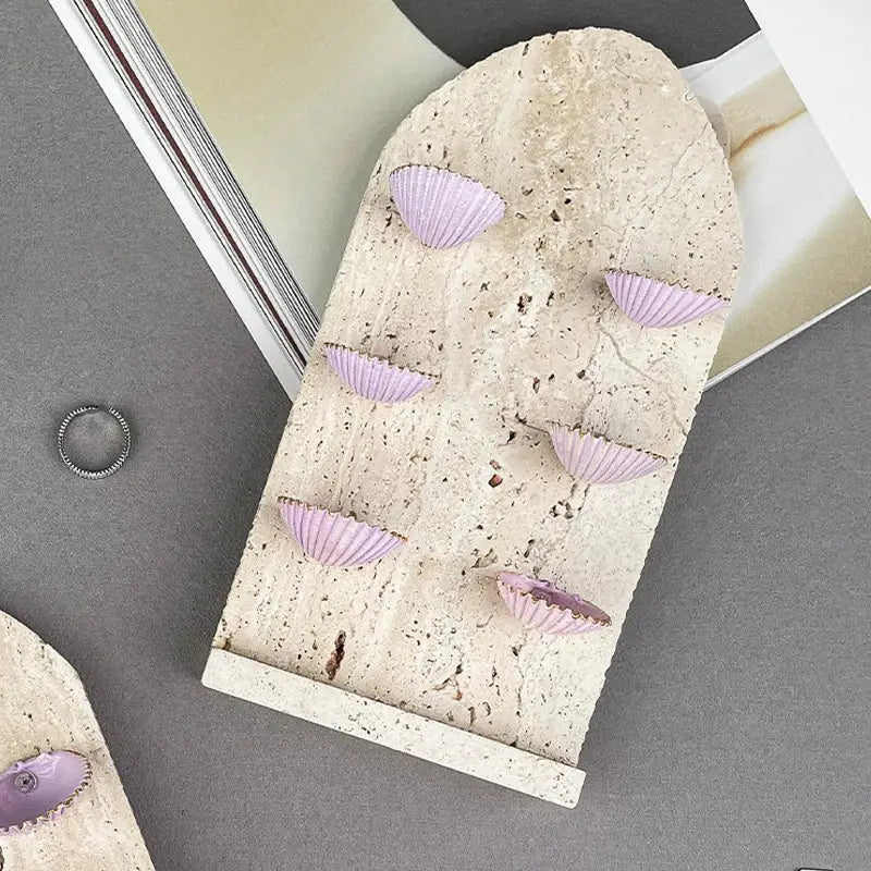 DecorBites™ abalone shell jewelry organizer with off-white stone stand and six lavender seashells for rings and earrings